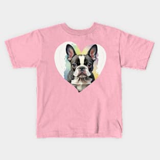 Cute Boston Terrier Watercolor Heart Kids T-Shirt